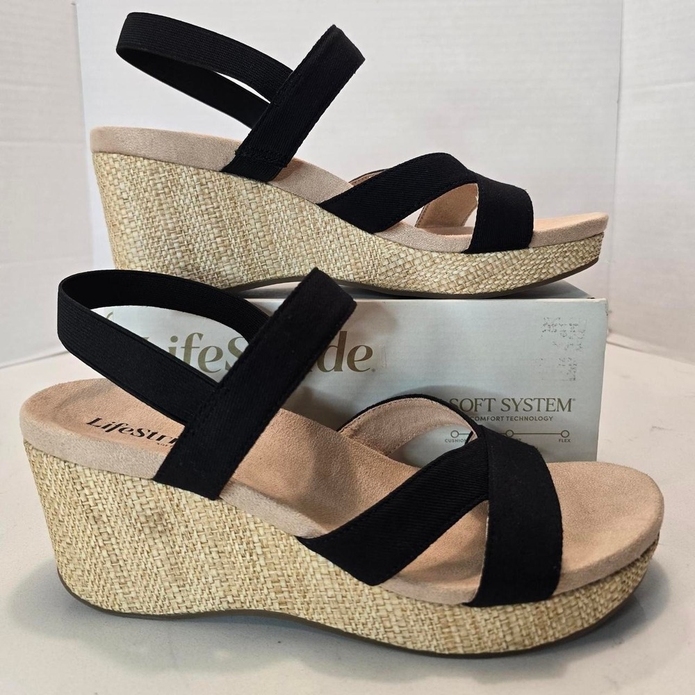 LifeStride Danita Black Canvas Wedge Sandals Women's Size 10 US Brand New